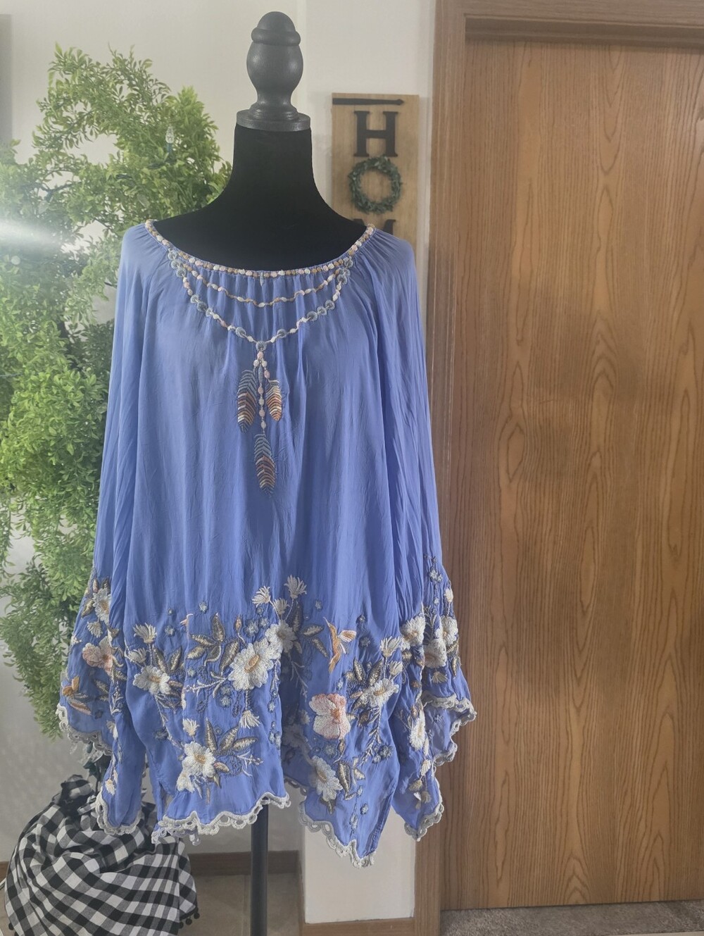 Johnny Was Indina Blouse Small Blue Floral Embroidered Boho Poncho Chic - Picture 4 of 10